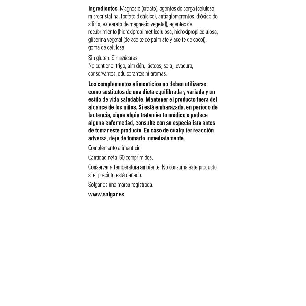 Citrato de magnesio - 60 comprimidos de Solgar — imagen 2