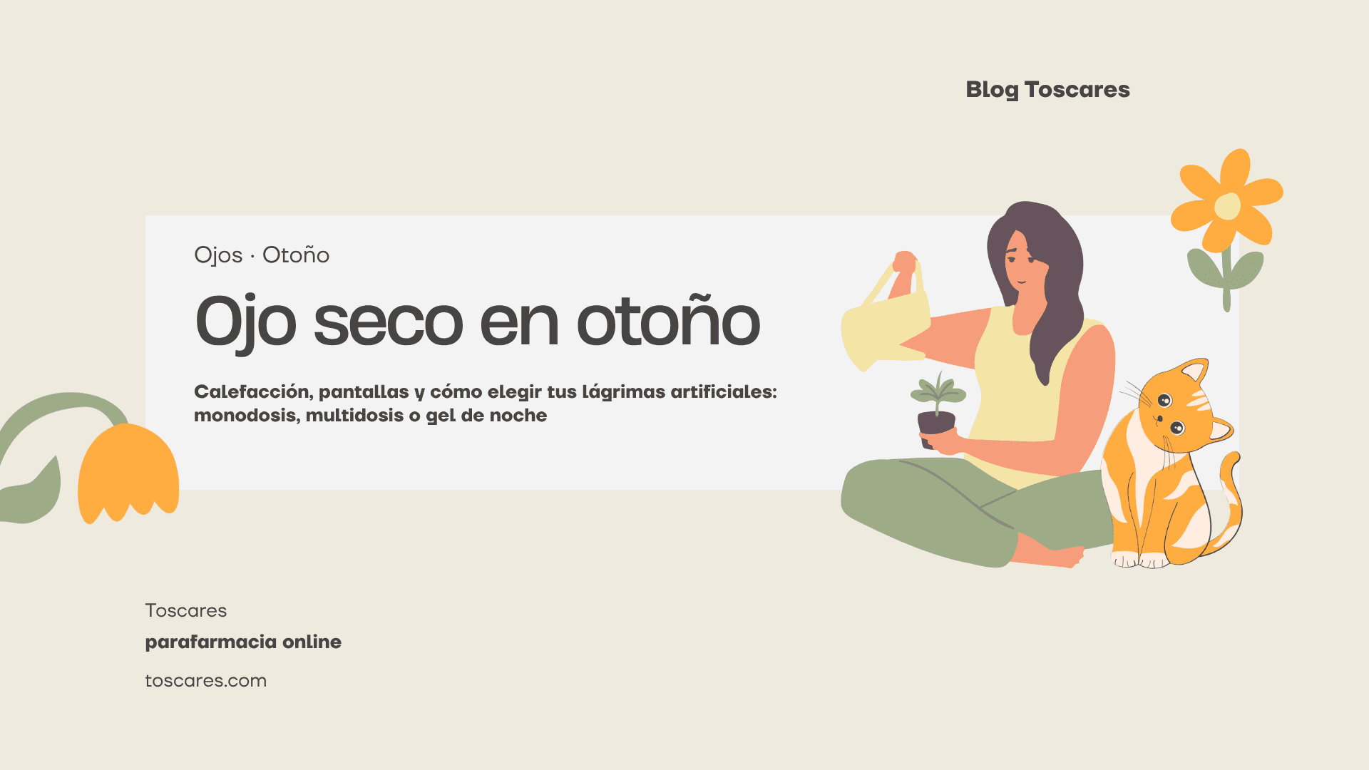 Ilustración de una mujer regando una planta junto a un gato atigrado, con flores naranjas sobre fondo crema