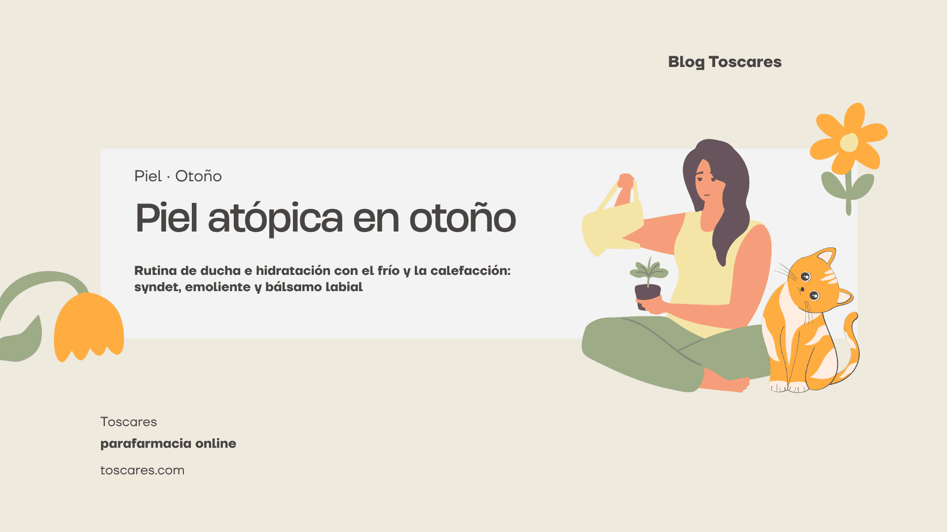 Ilustración de una mujer regando una planta junto a un gato atigrado, con flores naranjas sobre fondo crema