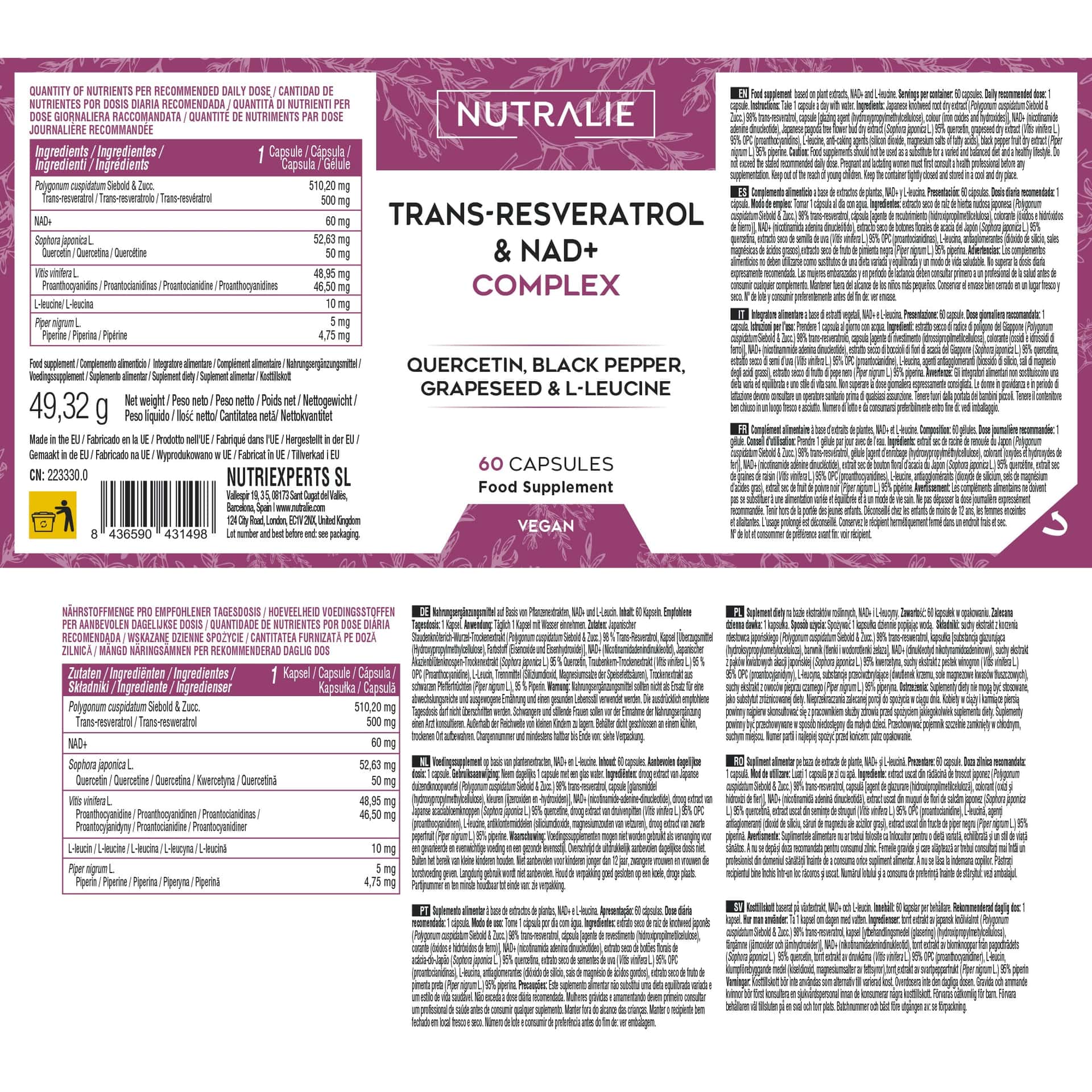 Trans-Resveratrol & NAD+ Complex 60 cápsulas de Nutralie