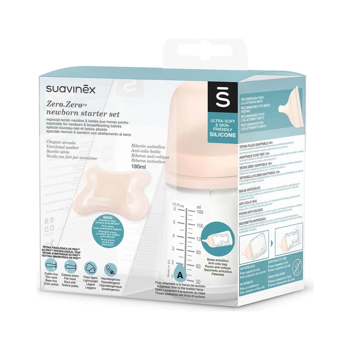 Suavinex Zero Zero Set Biberón 180 ml Flujo Adaptable + Chupete -2 a 2 meses de Suavinex