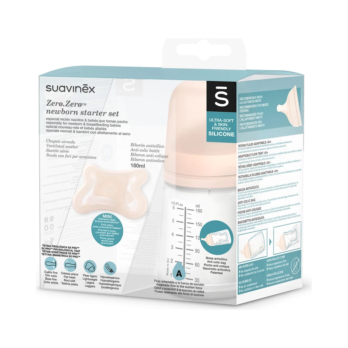 Suavinex Zero Zero Set Biberón 180 ml Flujo Adaptable + Chupete -2 a 2 meses de Suavinex — imagen 1